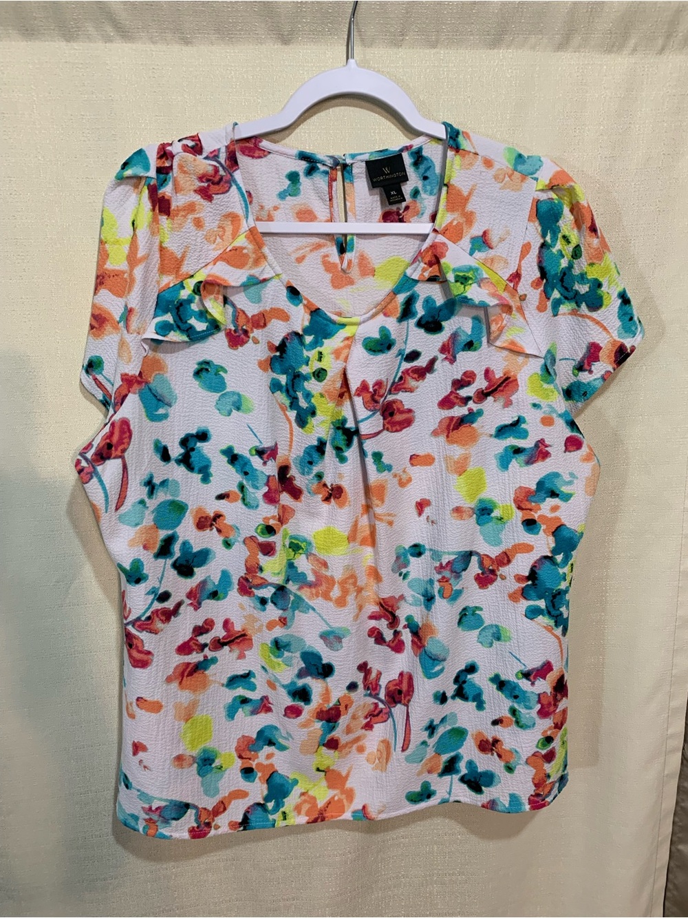 Worthington Multicolor Floral V-Neck Short Sleeve Top - White Base a1/30